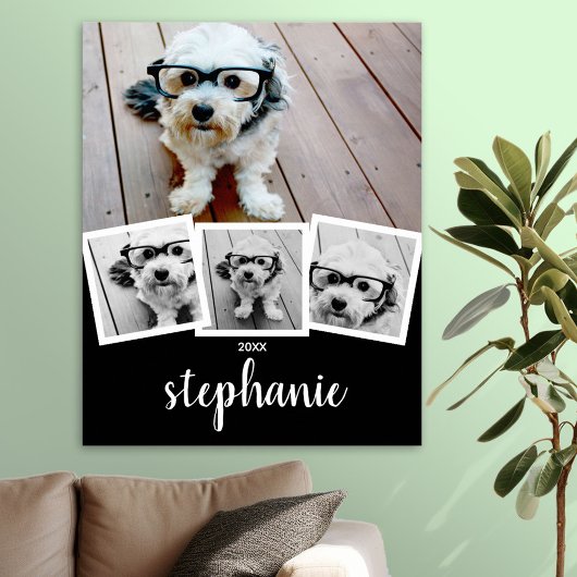 Trendy 4 Foto Collage Script Naam Wit Zwart Poster