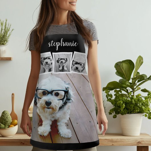 Trendy 4 Foto Collage Script Naam Wit Zwart Schort