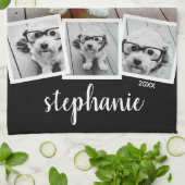 Trendy 4 Foto Collage Script Naam Wit Zwart Theedoek (Gevouwen)