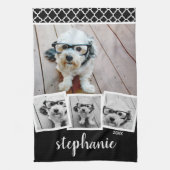 Trendy 4 Foto Collage Script Naam Wit Zwart Theedoek (Verticaal)