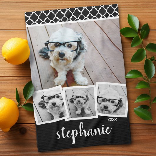 Trendy 4 Foto Collage Script Naam Wit Zwart Theedoek