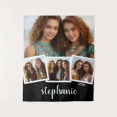 Trendy 4 Foto Collage Script Naam Wit Zwart Wandkleed (Voorkant)