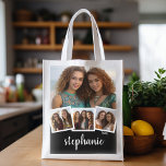 Trendy 4 Foto Collage Script Name White Black Boodschappentas<br><div class="desc">U kunt vierkante of selfie foto's voor dit ontwerp gebruiken. Gebruik vier vierkante foto's om een uniek en persoonlijk cadeau te creëer. Of je kunt de hipster puppy houden en een trendy keepslag maken. Als u de afbeeldingen moet aanpassen,  klik op het aanpassingshulpmiddel om veranderingen aan te brengen.</div>