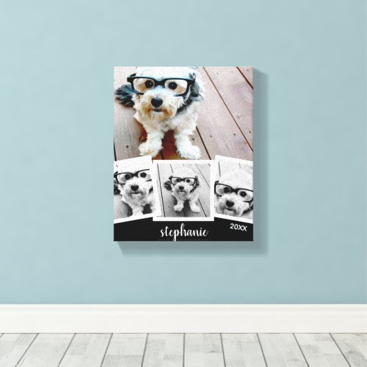 Trendy 4 Foto Collage Script Name White Black Canvas Afdruk (Insitu (Houten vloer))