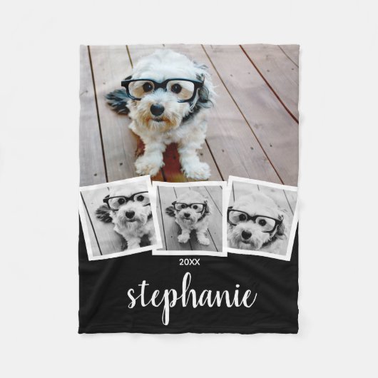 Trendy 4 Foto Collage Script Name White Black Fleece Deken (Voorkant)