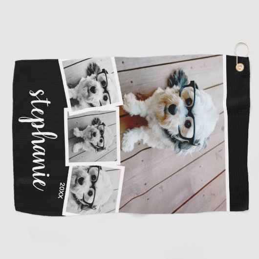 Trendy 4 Foto Collage Script Name White Black Golfhanddoek (Horizontaal)