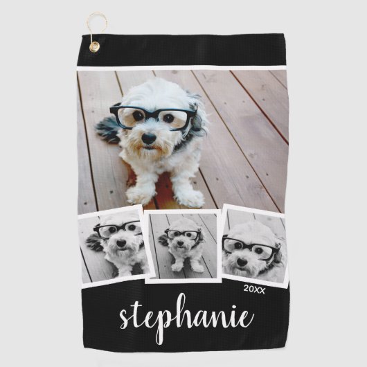 Trendy 4 Foto Collage Script Name White Black Golfhanddoek (Voorkant)