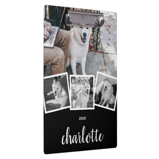 Trendy 4 Foto Collage Script Name White Black Klembord (Rechts)