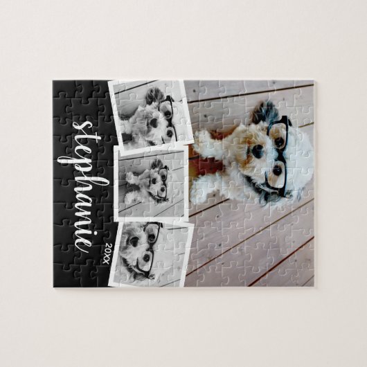 Trendy 4 Foto Collage Script Name White Black Legpuzzel (Horizontaal)