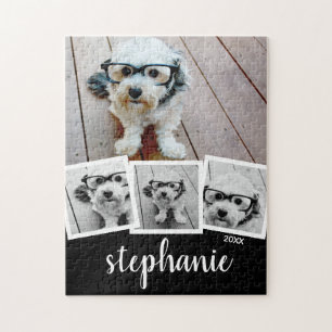 Trendy 4 Foto Collage Script Name White Black Legpuzzel