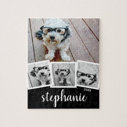 Trendy 4 Foto Collage Script Name White Black Legpuzzel (Verticaal)