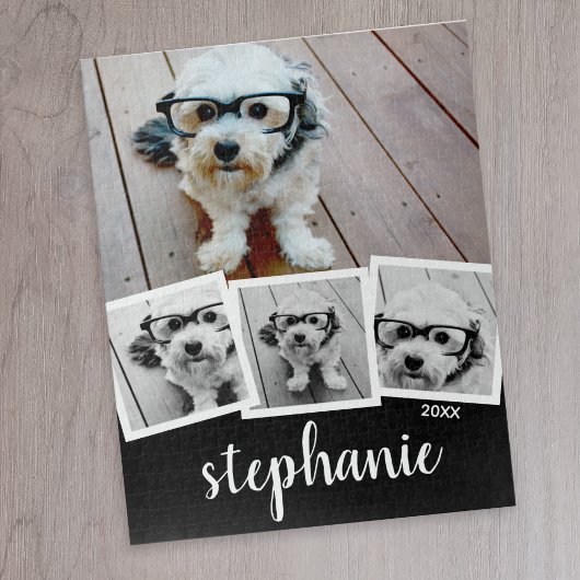 Trendy 4 Foto Collage Script Name White Black Legpuzzel