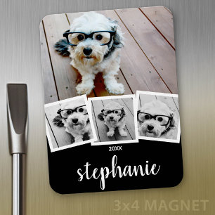 Trendy 4 Foto Collage Script Name White Black Magneet