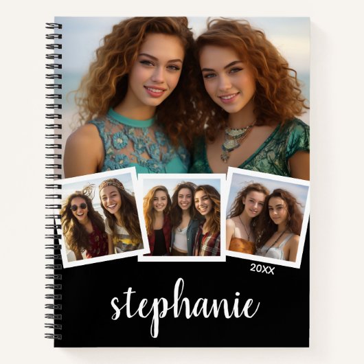 Trendy 4 Foto Collage Script Name White Black Notitieboek (Voorkant)