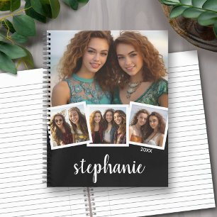 Trendy 4 Foto Collage Script Name White Black Notitieboek