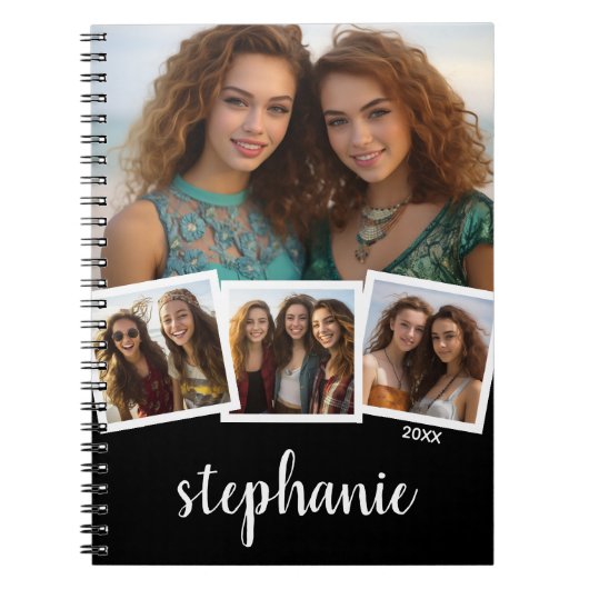Trendy 4 Foto Collage Script Name White Black Notitieboek (Voorkant)