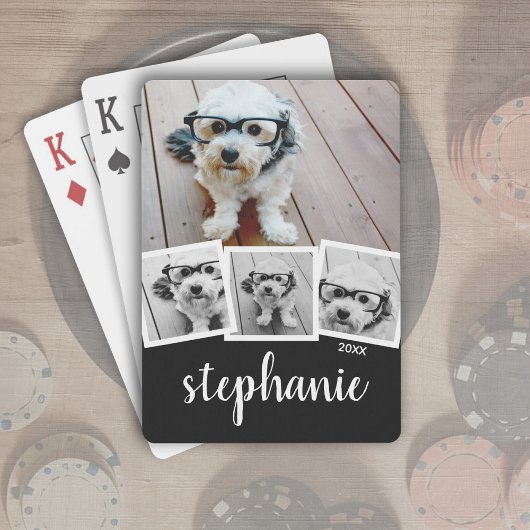 Trendy 4 Foto Collage Script Name White Black Pokerkaarten
