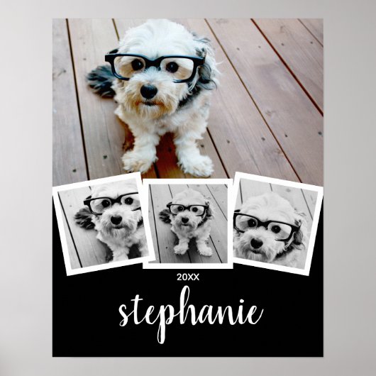Trendy 4 Foto Collage Script Name White Black Poster (Voorkant)