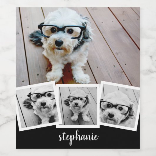 Trendy 4 Foto Collage Script Name White Black Wijn Etiket (Enkel label)