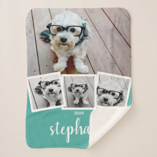 Trendy 4 Foto Collage Script Name White Blauwgroen Sherpa Deken