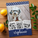 Trendy 4 Foto Collage Script Name White Blue Theedoek<br><div class="desc">U kunt vierkante of selfie-foto's gebruiken voor dit ontwerp. Gebruik vier vierkante foto's om een uniek en persoonlijk geschenk te creëer. Als u de afbeeldingen moet aanpassen,  klikt u op het gereedschap Aanpassen om wijzigingen aan te brengen.</div>