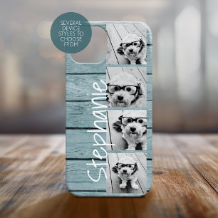 Trendy 4 Foto's en naam - Blauwe houtafdruk Case-Mate iPhone Case