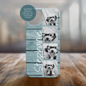 Trendy 4 Foto's en naam - Blauwe houtafdruk Case-Mate iPhone Case