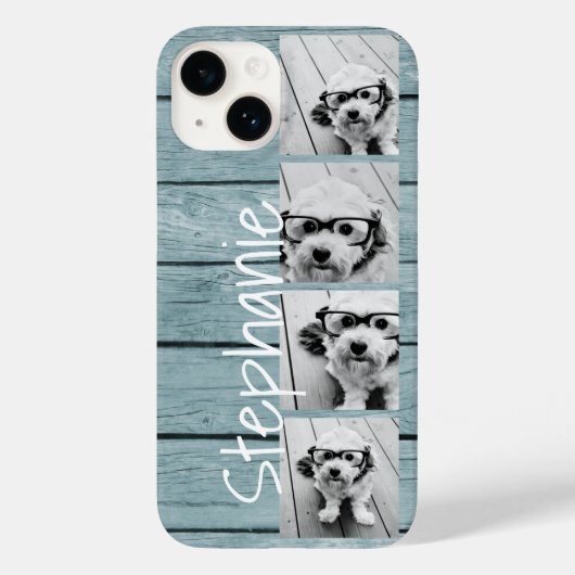 Trendy 4 Foto's en naam - Blauwe houtafdruk Case-Mate iPhone Case (Achterkant)