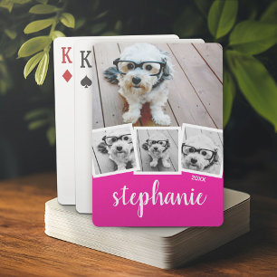 Trendy 4 Photo Collage Script Naam Wit Roze Pokerkaarten