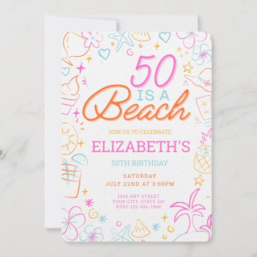 Trendy 50e strand verjaardag uitnodiging (Voorkant)