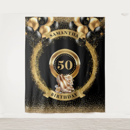 Trendy 50e Verjaardag Tapestry Ballon Gold Heels Wandkleed (Voorkant)