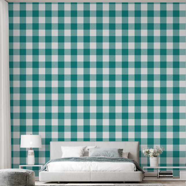 Trendy 6" Tealblauwe Buffalo Check Behang (Slaapkamer)
