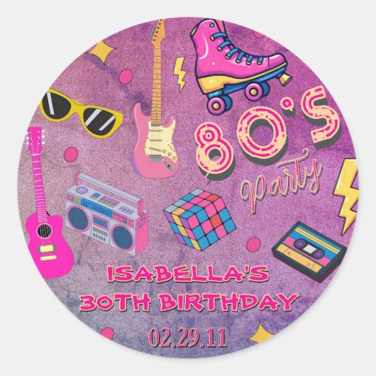 Trendy 80's Verjaardagsfeest Retro Roze Paarse Ronde Sticker (Voorkant)