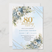 Trendy 80th Birthday Invitation Blue White Florals Kaart (Voorkant)