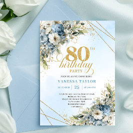 Trendy 80th Birthday Invitation Blue White Florals Kaart