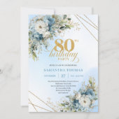 Trendy 80th Birthday Invitation Blue White Florals Kaart (Voorkant)