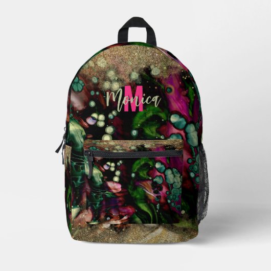 Trendy Abstract Biologisch Goud Glitterij Monogram Bedrukte Rugzak (Voorkant)