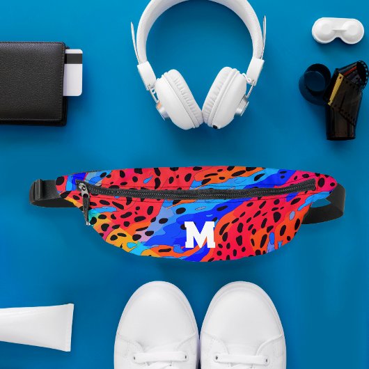 Trendy Abstract Blauw Rood Dierenprint Monogram Heuptasje