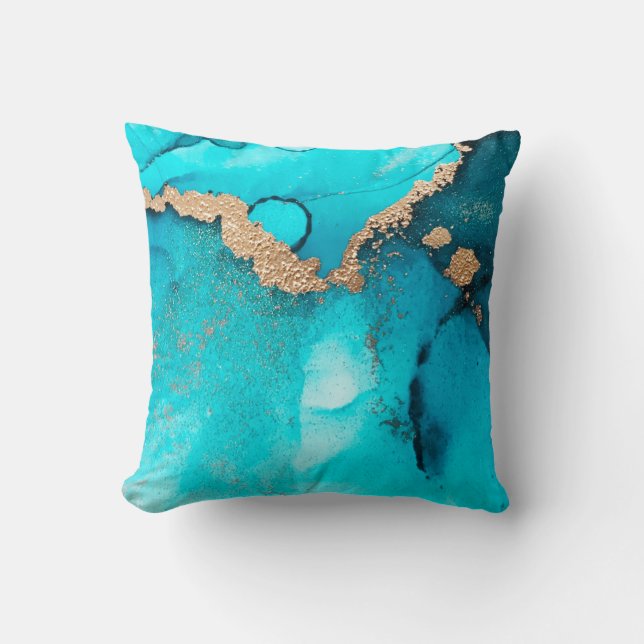 Trendy Abstract Blauwgroen Gouden Swirls Kussen (Voorkant)