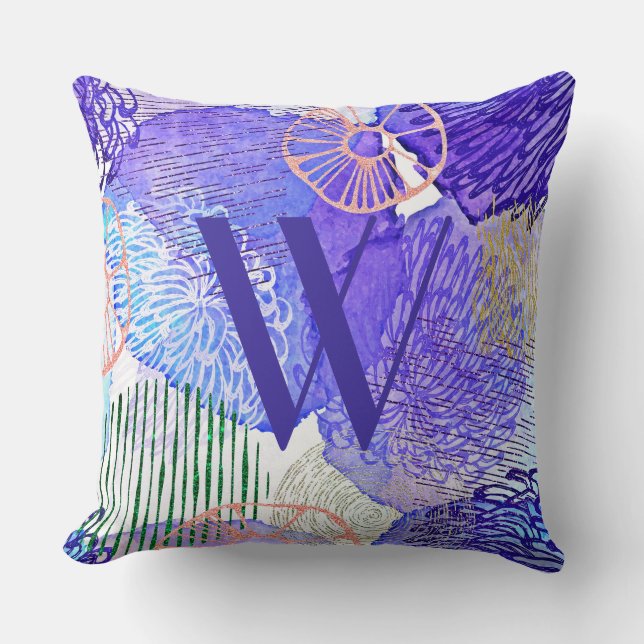 Trendy Abstract Blue Paars Monogram Sierkussen (Voorkant)