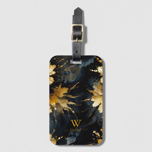 Trendy abstract zwart goud marmer bagagelabel (Voorkant (verticaal))