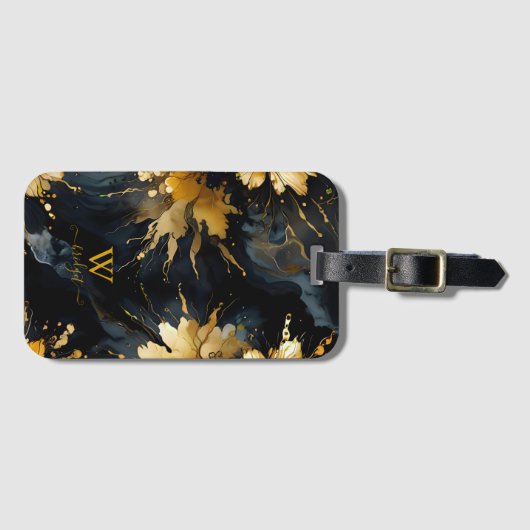 Trendy abstract zwart goud marmer bagagelabel (Voorkant (horizontaal))