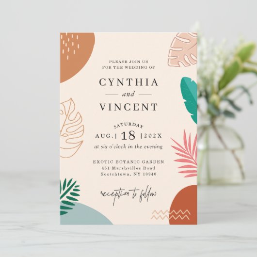 Trendy Abstracte tropische vormen Summer Wedding Kaart (Staand voorkant)