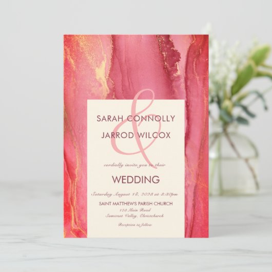 Trendy Abstracte uitnodiging tot bruinkroze bruilo (Staand voorkant)