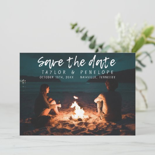 Trendy Adventure Bonfire Wedding Save the Date (Staand voorkant)
