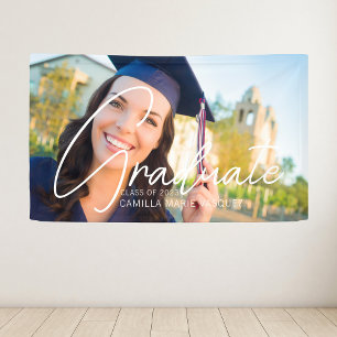 Trendy Afstuderen Foto White Text Graduparty Spandoek