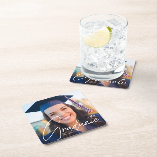 Trendy Afstuderen Foto Wit Script Party Kartonnen Onderzetters (Insitu)