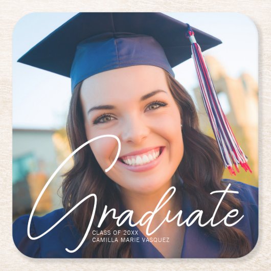 Trendy Afstuderen Foto Wit Script Party Kartonnen Onderzetters (Voorkant)