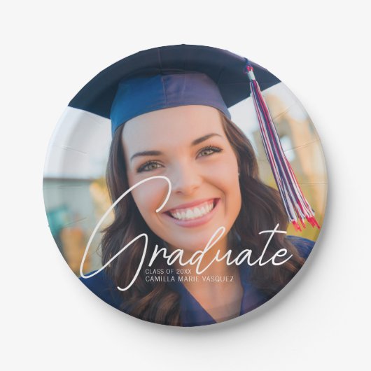 Trendy Afstuderen Foto Wit Script Party Papieren Bordje (Voorkant)