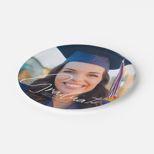 Trendy Afstuderen Foto Wit Script Party Papieren Bordje (Gekanteld)